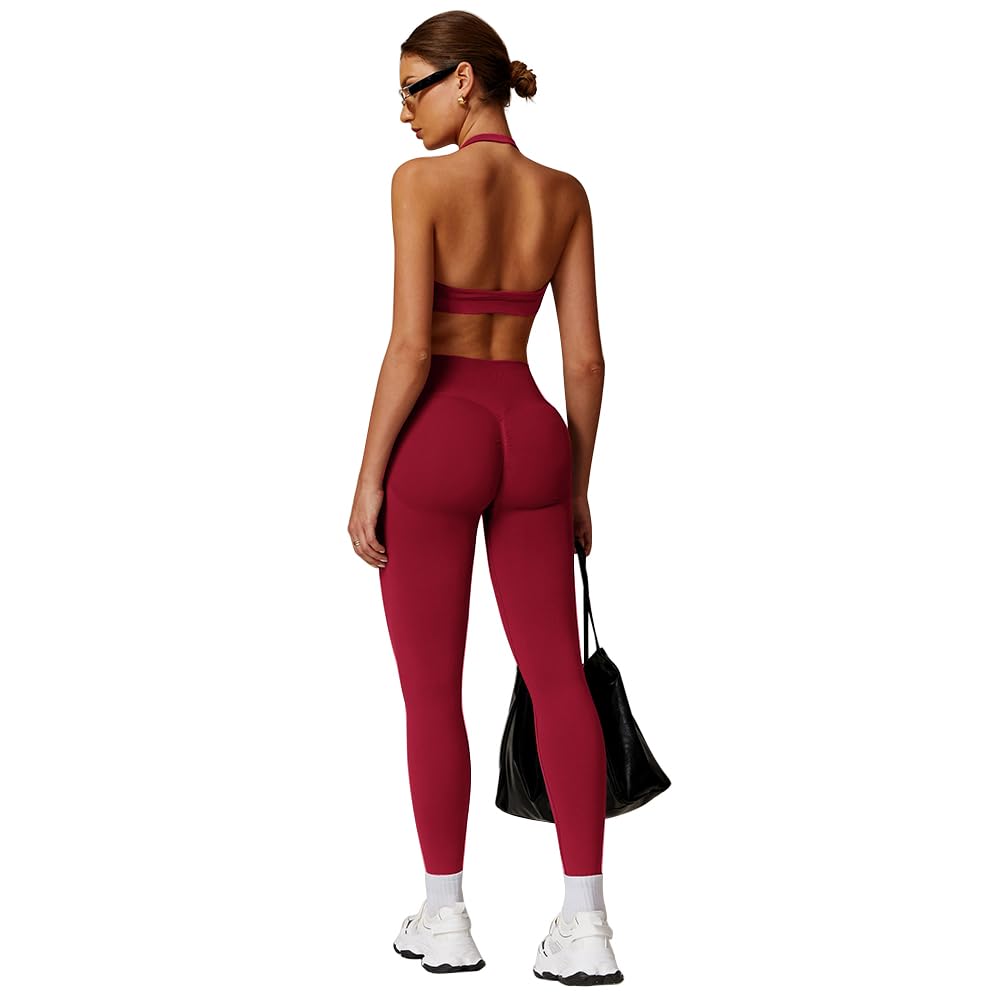 JN JANPRINT Ensemble de sport 2 pièces sans couture pour femme, dos nu, soutien-gorge de sport, legging froncé dissimulé, tenue de yoga, survêtement d'entraînement