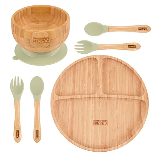 Image of 6PCS Bamboo Baby Feeding Set, Baby Suction Bowl & Plate with Silicone Spoons & Forks, Wooden Feeding Supplies for Infant & Toddlers, Baby Led Weaning Supplies Non Slip & BPA Free (Green-Round)