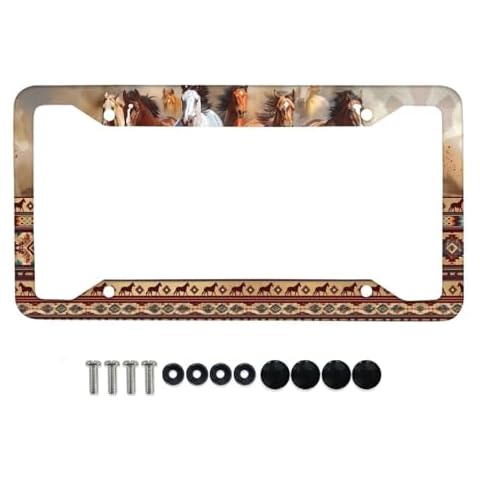 COEQINE Aztec License Plate Frames for Women,Vanity Tag Novelty Waterproof Aluminum Metal License Plate Covers for Car/Bike/Motorcycle,Running Horses Pattern Cover