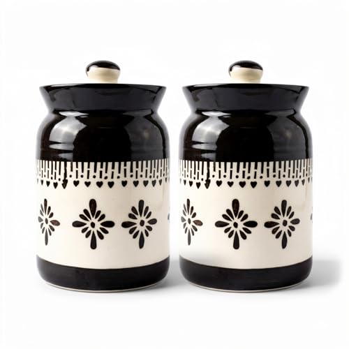 Image of Black Jhalar Ceramic Handglazed Pickle Jars Set of 2-1000 ML Each | 1 kg Achaar Martban Barni Jar with Lid | Ceramic Storage Jar Container Pickle /Achar, Chatney