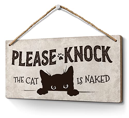 Heuhuww Decorative Sign - Funny Cat Door Sign, Engineered Wood, 6 x 12 x 0.25 inches, Black Cat Wall Art for Room Front Door Porch Home Decor, Cat Lover Gifts