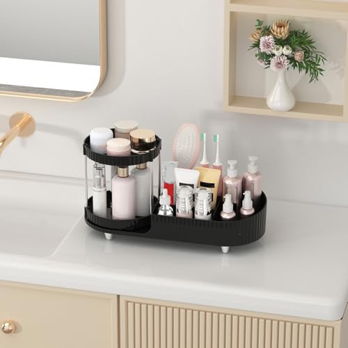 Image of Makeup Organizer Countertop for Vanity with 360 Rotating Perfume Trays, 7-Compartment Skincare Organizers and Make Up Desk Storage, Cosmetic Organizer with Brush Holder for Bedroom Bathroom Counter
