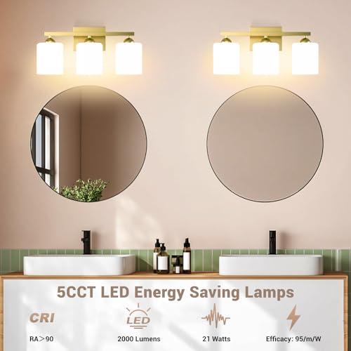 Quntis Gold Bathroom Light Fixtures Over Mirror 5 Colors Adjustable, 3-Light LED Bathroom Vanity Lighting with Milky White Frosted Glass Shade, Energy-Saving LED Vanity Light 18.9 inch by Quntis - Used condition - Image 2