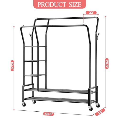 Raybee Double Rod Clothing Rack Rolling Clothes Racks for Hanging Clothes Rack Portable Clothes Rack 245LBS Garment Rack Heavy Duty Clothing Rack with Wheels for Hanging Clothes, 70.3''H*43.3''W*22''D
