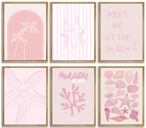 6Pcs Pink Coastal Preppy Wall art Beach Granddaughter Aesthetic Room