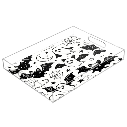 BOESI Halloween Ghosts and Bats Acrylic Decorative Dining Tray, Acrylic Decorative Tray Organizer with Handle for Kitchen, Dining Room, Bathroom, Dresser