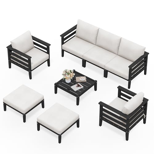 Image of SERWALL HDPE Patio Furniture Set, 8 Pieces Composite Outdoor Furniture | All-Weather Wood-Like Outdoor Sofa Couch with Coffee Table, Modular Design for Flexible Combination