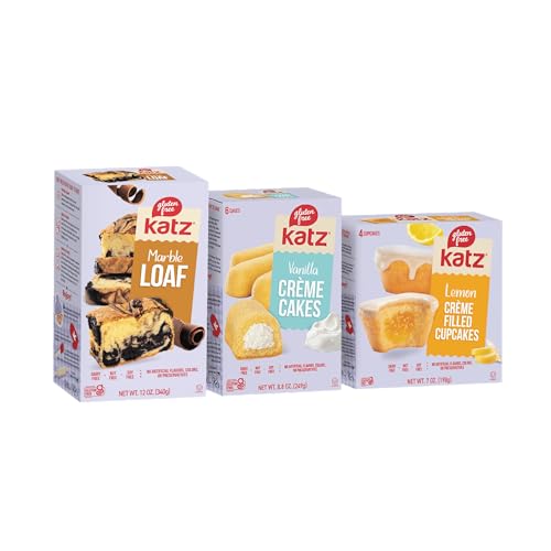 Katz Gluten Free Snacks Creme Cake Variety Pack. Fresh Baked Marble Cake, Vanilla Creme Cake, & Lemon Creme Cupcakes. Gluten Free Snacks For Adults & Kids. Free of Dairy, Tree Nut, peanuts, and Soy. Kosher. (3pk)