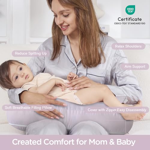 Image of Plushii U-Shaped Nursing Pillow with Washable Cover,Blush | Ergonomic U-shaped breastfeeding support pillow for mom and baby, featuring a soft, breathable and washable cover