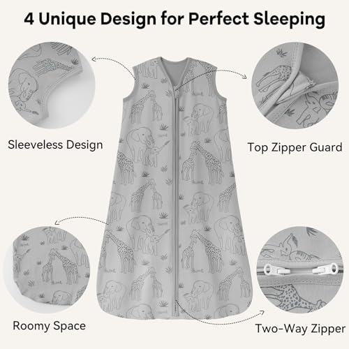Image of Baby Sleep Sack 6-12 Months 0.5 Tog Wearable Blanket Baby, 3 Pack 100% Cotton Lightweight Sleeping Sack with 2-Way Zipper for Newborn Infant Apricot Gray Green Elephant
