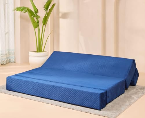 Image of uberlyfe Xtra High, Xtra Soft 3 Seater (6' x 6') Sofa Cum Bed | 1 Year Warranty | 17 inch Sofa Height | King Size Foldable Bed | Plush Laser Quilted Fabric | Deep Blue Color