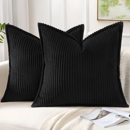 Mecatny Corduroy Throw Pillow Covers 20x20 Set of 2, Neutral Decorative Soft Boho Couch Pillow Covers with Broadside for Sofa Living Room, Black