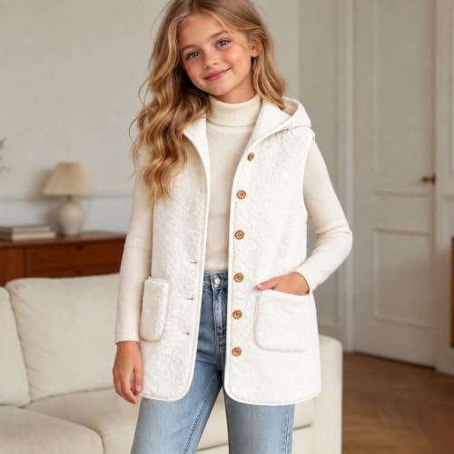 Fleece Hooded Vest Girls Sharpa Button Down Sleeveless Long Jackets Vests - image 2