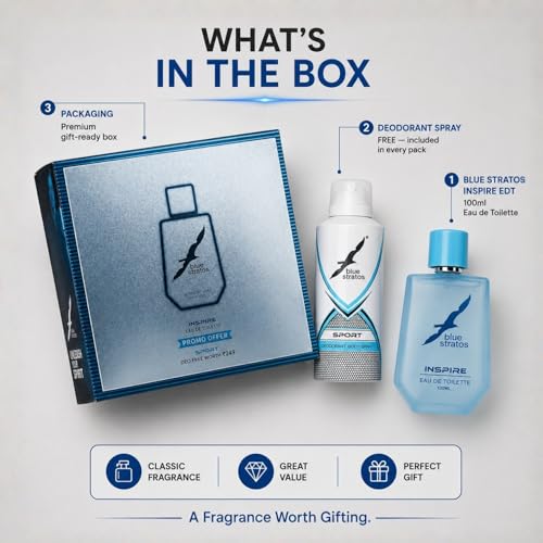 Image of Blue Stratos Inspire Eau de Toilette for Men 100ml | Free Deodorant Included | Citrus Amber Spice Perfume | Sandalwood & Musk Base | Long-Lasting Luxury Cologne
