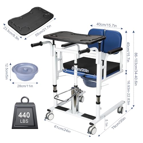 mindmed Patient Lift Transfer Chair for Home,Hydraulic Patient Lift Chair for Disabled,Lift Nursing Chair with 180°Split Seat, Commode & Seat Cushion from Bed to Toilets/Cars/Sofa, 440lbs(Blue) - Thumbnail 7