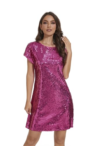 Image of Women's Crewneck Sequin Shift Dress Short Sleeve Casual Holiday Sparkly Party Dress