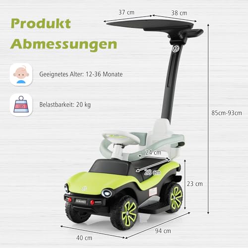 DREAMADE Rutschauto für Kinder, Volkswagen Rutscher mit 3-stufig Verstellbarem Schiebegriff, Verdeck, Geländer, Scheinwerfer, Hupe & Musik, 3-in-1 Rutschfahrzeug für Kinder 1-3 Jahren – Bild 6