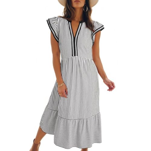 Womens Midi Sundress Casual V Neck Gingham Striped Dress Cap