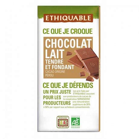 Ethiquable – Chocolate suave leche y fondant natural orgánico 100 g – 4 unidades