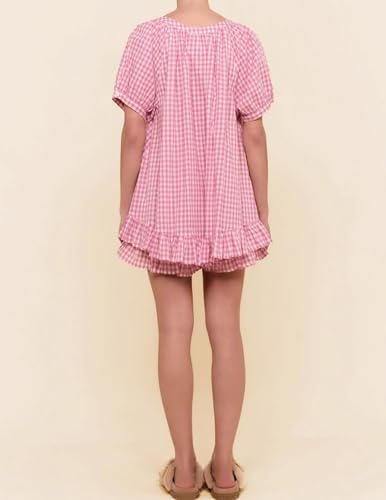 Womens 2 Piece Gingham Pajama Set Summer Outfits 2025 Cute Ruffle Pajamas Plaid Cotton Pjs Short Sleeve Matching Set3