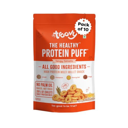 Image of Troovy Healthy High Protein Puffs | Tangy Tomato Flavour | No Palm Oil, Cholesterol or Trans Fats | Made with Multiple Millets, Grains and Dal | Pack of 10 (10 X 80 gm)