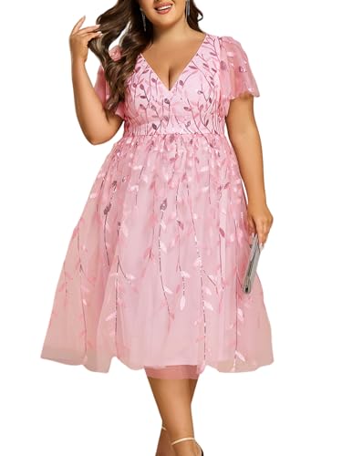 Image of Ever-Pretty Womens Embroidered Tulle Plus Size Cocktail Evening Party Dress A-Line Midi Wedding Guest Dresses for Curvy Women