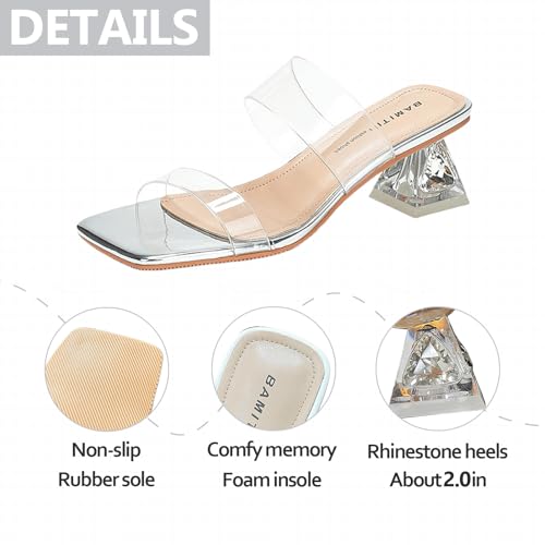 Womens Clear Two Strap Heeled Slides Sandals Comfortable Slip-On Square Open Toe Chunky Block Mid Heel Dress Transparent Mules Sandals For Wedding Prom Party Casual3
