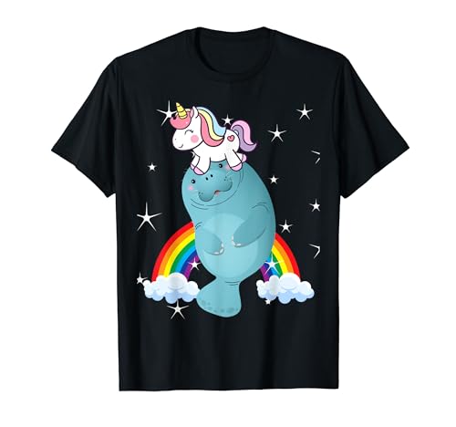 Unicorn Riding Manatí Niños Niñas Hombres Mujeres Niños Rainbow Sea Camiseta