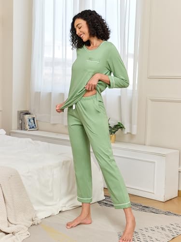 Image of COLORFULLEAF 100% Cotton Pajama Set for Women Long Sleeve Sleepwear with Pants Soft Comfy Two-Piece Pjs with Pockets