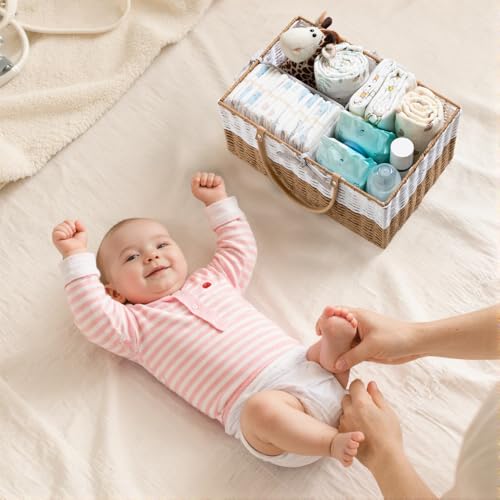 Image of HBlife Large Baby Diaper Caddy Organizer, Paper Rope Storage Baskets Nursery Bin with Removable Divider, Portable Car Organizer for Diapers, Baby Shower Gifts, Newborn Essentials Must Haves