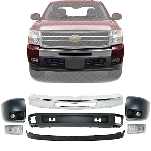US AUTO PARTS PLUS New Front Bumper Chrome Steel + Lower Valance + Extension Textured + Bumper Ends Primed + Fog Lights Right & Left Side Direct Replacement For Chevrolet Silverado 1500 2009-2013