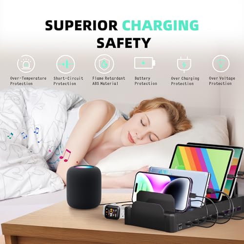 Image of 420W Charging Station for Multiple Devices, Zobirez 10-Port USB C Fast Charger Stations for MacBook, iPhone, Android Cell Phone, iPad, Tablet, Family Multi-Device Organizer Charging Dock, Black