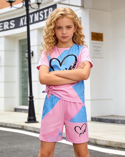 Image of 7-14Y Tween Girl Clothes 2 Piece Short Sleeve Tie Dye Heart Print Top and Shorts Teen Girl Summer Outfits Short Set