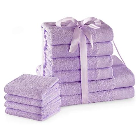 AmeliaHome Set 10pcs 4 Guest Towels 30x50 cm, 4 Towels 50x100 cm and 2 Bath Towels 70x140 cm 100% Cotton Absorbent Lilac Violet Purple Amari Cover