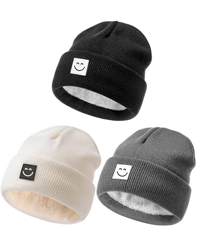 Image of Hispeka Baby Beanie Hat 3 Packs with Cute Smiley Face, Toddler Girls Boys Baby Hats Winter, Kids Winter Hat Cold Weather White & Dark Grey & Black