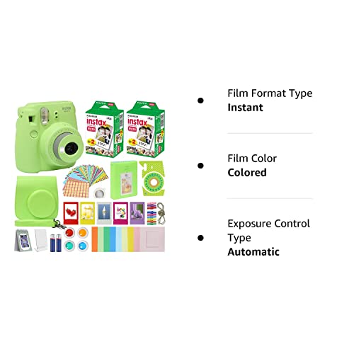 Fuji Film Instax Mini 9 Instant Camera Lime Green With Carrying Case + Fuji Instax Film Value Pack (40 Sheets) Accessories Bundle, Color Filters, Photo Album, Assorted Frames, Selfie Lens + More #TOP6