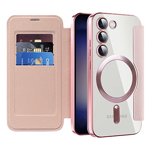 QIWEIQING Magnetic Case for Samsung Galaxy S23 Compatible with MagSafe, PU Leather Wallet Cover with RFID Blocking Credit Card Holder Transparent Case for Samsung Galaxy S23. Rose Gold JDC