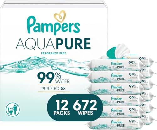 Pampers Aqua Pure Baby Wipes, Unscented, Fragrance Free, 99% Water, Water Based, Multi-Use, 672 Wipes Total (12X Flip-Top Packs)