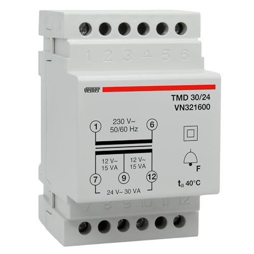 VEMER VN321600 TMD 30/24 - Klingeltrafo für Hutschienen Trafo mit Primärspannung 230V Sekundärspannung 12-24V und Leistung 30VA Weiß