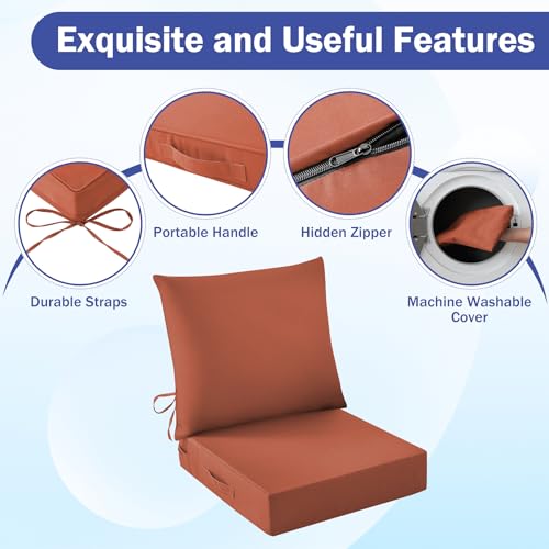 Image of Outdoor Chair Cushions, 24 x 24 Inch Outdoor Cushion for Patio Furniture, Patio Chair Cushion, Waterproof & Fade Resistant Deep Patio Furniture Cushions Set with Handle and Ties, Spice (Set of 2)