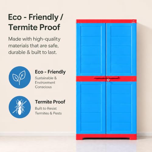 Image of Cello Novelty Big Bookshelf, Red & Blue | 2 Dustproof Doors | Space Saving Cupboard | Plastic Book Shelf | Multipurpose Book Shelf for Home, Office | Book Organizer for Library
