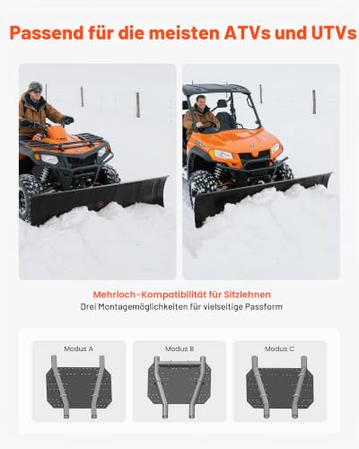 VEVOR Schneeschild, 1524x385 mm Universal-Schneepflug, Höhe & Links-Rechts verstellbar, Räumschild, Stahl-Schneeschieber, 3 Montageoptionen, zur Schneeräumung, für die meisten ATVs & UTVs