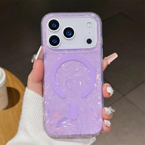 Coque violette iPhone 16 Pro compatible MagSafe à paillettes