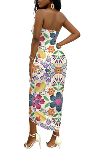 Image of Umenlele Women's Strapless Ruched High Waist Wrap Split Asymmetrical Beach Maxi Long Dress
