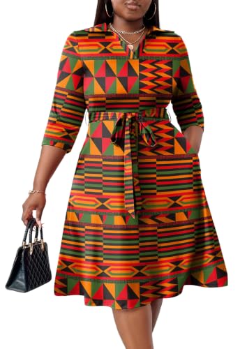 Image of FANDEE Plus Size Midi Dress for Women - Printing Summer Dresses for Wedding Guest Cocktail Party 3 /4 Sleeve V Neck（L-5XL）