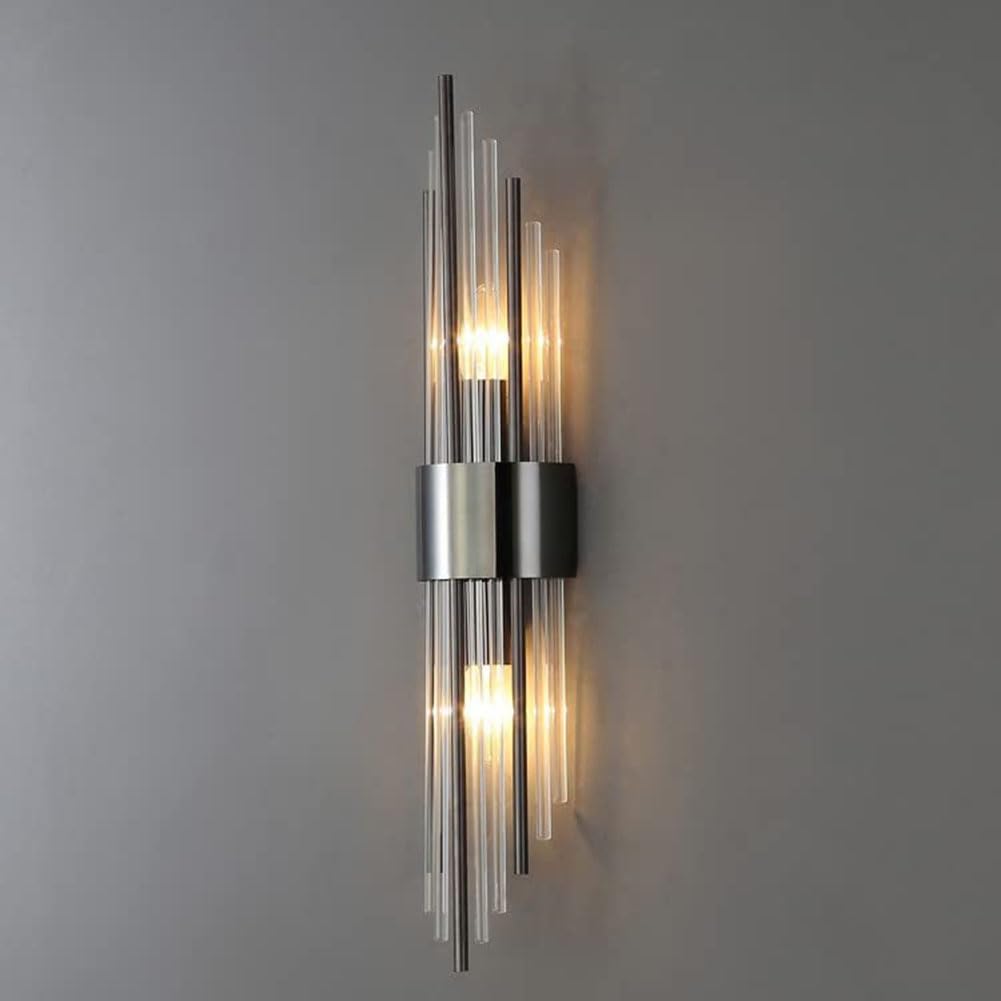 LOGT Modern Wall Light Crystal Gold 2 Flame Wall Lamps Indoor LED Bedside Lamp E12 Bulb K9 Crystal Stainless Steel Wall Lighting 3 Colour Modes Reading Lamp Nordic Linear Lights for Bedside,Black
