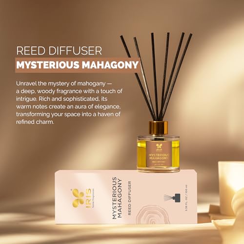 Image of IRIS Aroma Reed Diffuser - 100ml | Elegant Home Fragrance with 6 Fiber Reeds, Glass Round Bottle with Gold Cap | Aroma Diffuser for Cozy Decor & Gifting (Mysterious Mahagony)
