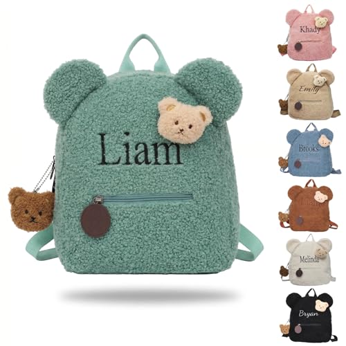 Personalizada Mochila Infantil con Nombre, Bordado Mochila Pequeña Niñas Niños , Lindo Oso Mochila Bebe Guarderia de Peluche Suave, Mochila Preescolar para Guarderia y Viajes Cómoda y Ligera (Verde)
