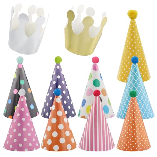 EASYKEENECOM 11 chapéus de festa de aniversário com pompom, chapéus de festa, gorros de cone, chapéu de aniversário, coroa de aniversário para crianças, decoração de aniversário infantil, 26