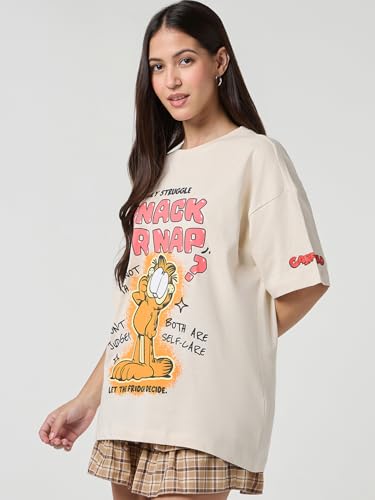 Image of Bewakoof X Garfield Garfield Women's 100% Cotton Graphic Print Oversized Fit Half Sleeve V-Neck T-Shirt | Casual wear | Streetwear | Oversized Tshirt for Woman Cotton| Baggy